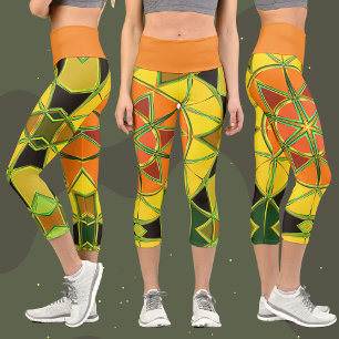 Cartoon Mandala Gelb- und Gelborange sowie Grün Capri Leggings