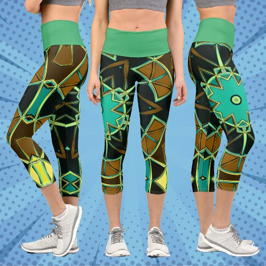 Cartoon Mandala Green Black und Yellow Capri Leggings
