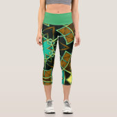 Cartoon Mandala Green Black und Yellow Capri Leggings (Vorderseite)