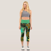 Cartoon Mandala Green Black und Yellow Capri Leggings (Vorderseite)