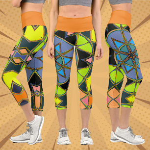 Cartoon Mandala Green Blue und Orange Capri Leggings