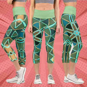 Cartoon Mandala Green Blue und Yellow Capri Leggings