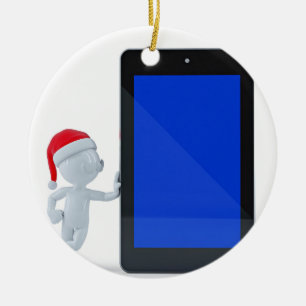 Cartoon-Mann mit der Weihnachtsmannmütze, die an Keramikornament