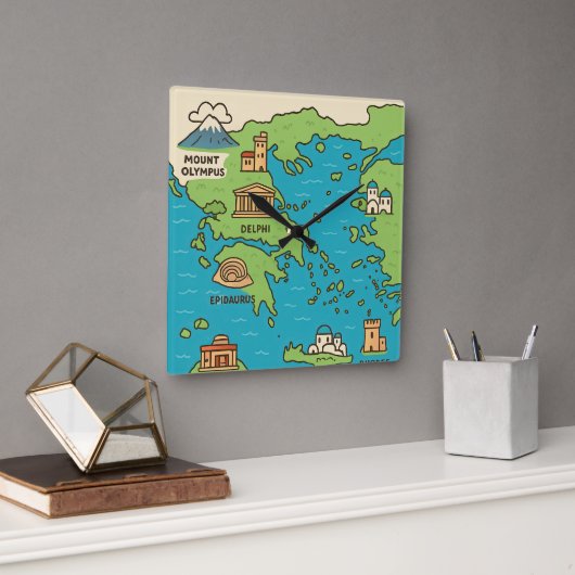 Cartoon Map of Greece – Illustrated Landmarks Quadratische Wanduhr (Büro)