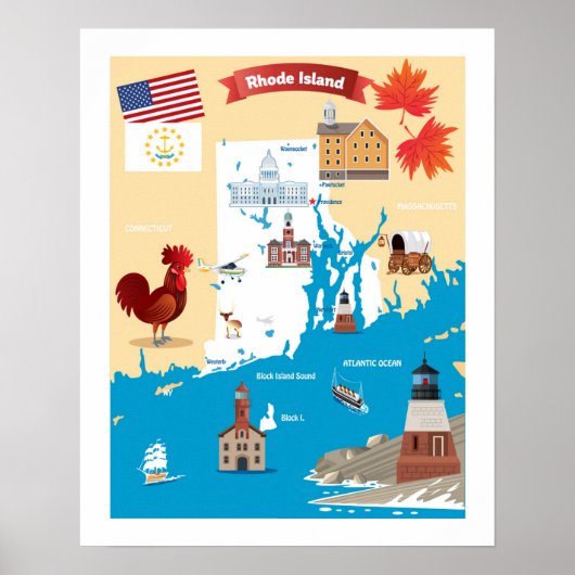 Cartoon Map of Rhode Island Poster (Vorne)
