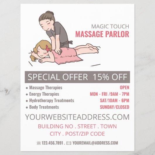 Cartoon Massage, Massagetherapie, Massageraum Flyer (Vorne)