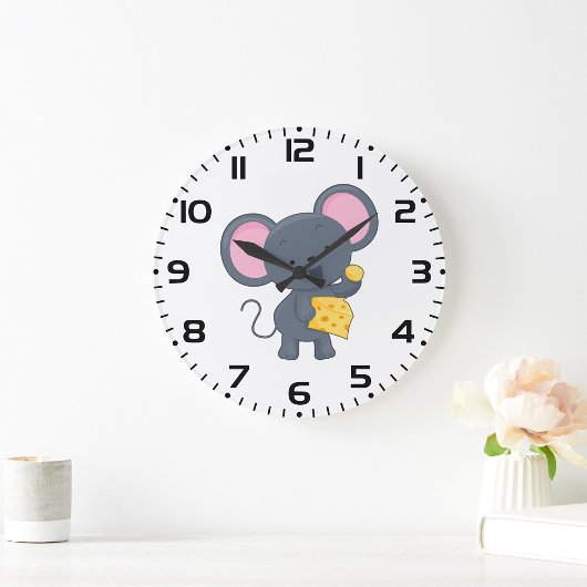 Cartoon Maus mit Käse Adorable Animal Große Wanduhr