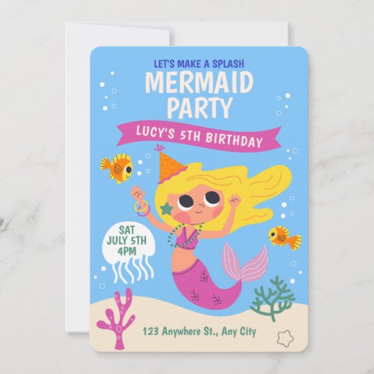 Cartoon Meerjungfrau zum Geburtstag Einladung (Vorderseite)