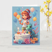 Cartoon mit Geburtstagstorte & Dinosaurier Karte (Gelbe Blume)