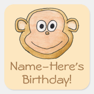 Cartoon Monkey, Geburtstag. Quadratischer Aufkleber