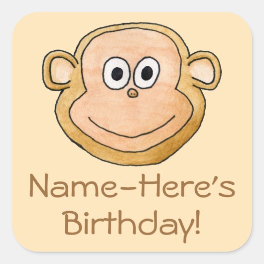 Cartoon Monkey, Geburtstag. Quadratischer Aufkleber (Vorderseite)
