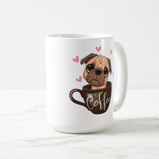 Cartoon Mops Hund sitzt in einer Tasse Kaffee (VorderseiteRechts)