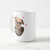 Cartoon Mops Hund sitzt in einer Tasse Kaffee (Vorderseite Links)