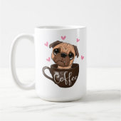 Cartoon Mops Hund sitzt in einer Tasse Kaffee (Links)