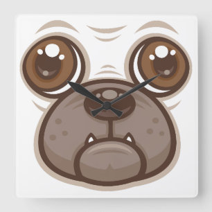 Cartoon Mops Tasse Welpen Hundegesicht Quadratische Wanduhr