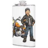 Cartoon-Motorradfahrer mit Kunst eines kraftvollen Flachmann (Links)