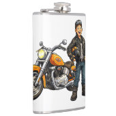 Cartoon-Motorradfahrer mit Kunst eines kraftvollen Flachmann (Rechts)