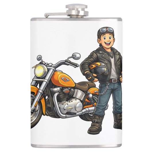 Cartoon-Motorradfahrer mit Kunst eines kraftvollen Flachmann (Vorderseite)