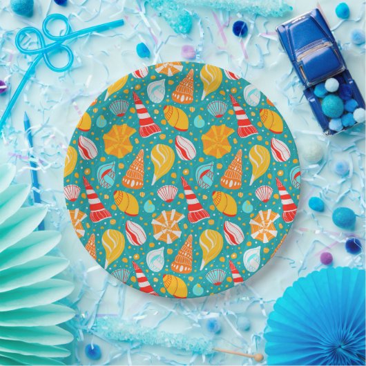 Cartoon Muscheln mit Sand und Doodle-Verzierung Pappteller (Party)