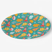 Cartoon Muscheln mit Sand und Doodle-Verzierung Pappteller (Schrägansicht)