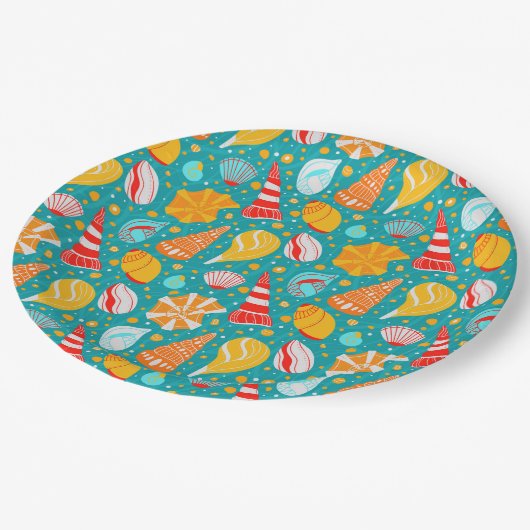 Cartoon Muscheln mit Sand und Doodle-Verzierung Pappteller (Schrägansicht)