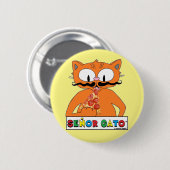 Cartoon Mustache Cat Eating Pizza Button (Vorne & Hinten)