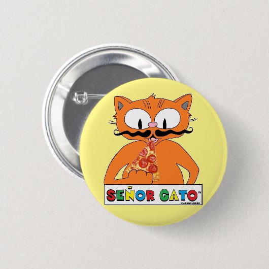 Cartoon Mustache Cat Eating Pizza Button (Vorne & Hinten)