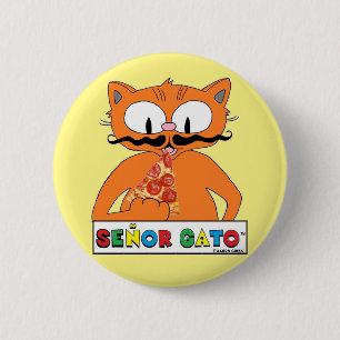 Cartoon Mustache Cat Eating Pizza Button