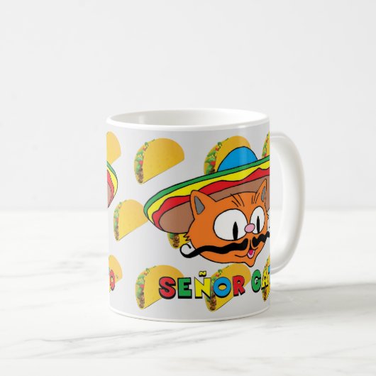 Cartoon Mustache Cat Senor Gato mit Tacos Kaffeetasse (VorderseiteRechts)