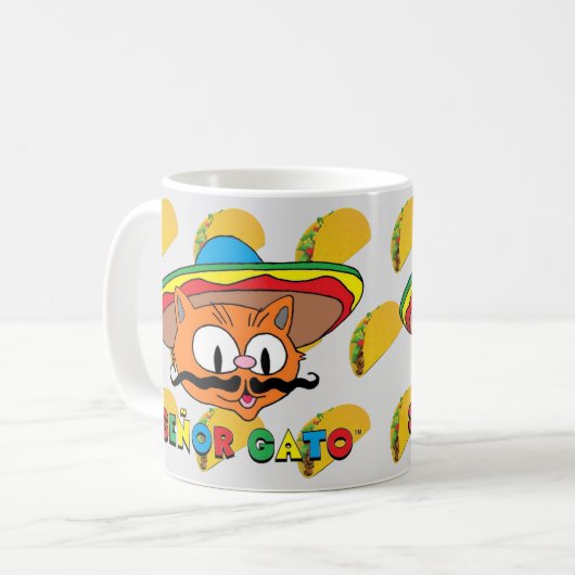 Cartoon Mustache Cat Senor Gato mit Tacos Kaffeetasse (Vorderseite Links)