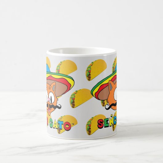 Cartoon Mustache Cat Senor Gato mit Tacos Kaffeetasse (Mittel)
