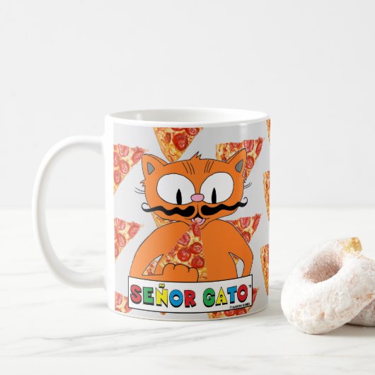 Cartoon Mustache Cat Senor Gato Pizza essen Kaffeetasse (Mit Donut)