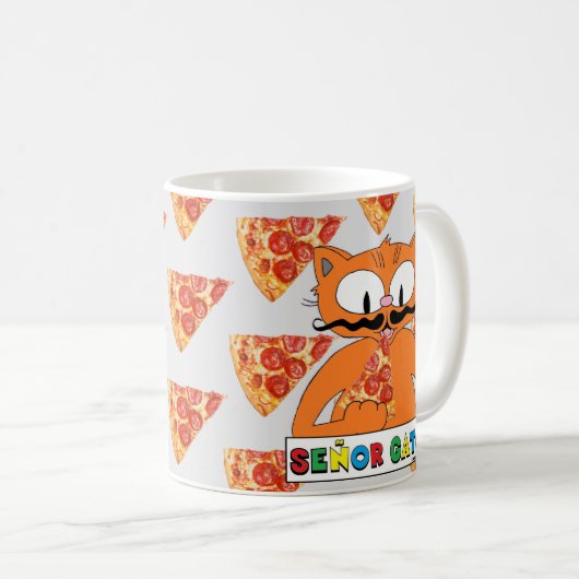 Cartoon Mustache Cat Senor Gato Pizza essen Kaffeetasse (VorderseiteRechts)