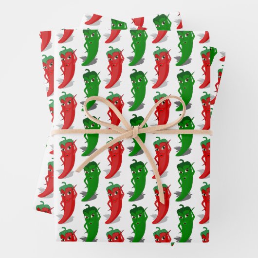 Cartoon-Muster für rote und grüne Pfefferdivas Geschenkpapier Set (Beispiel)