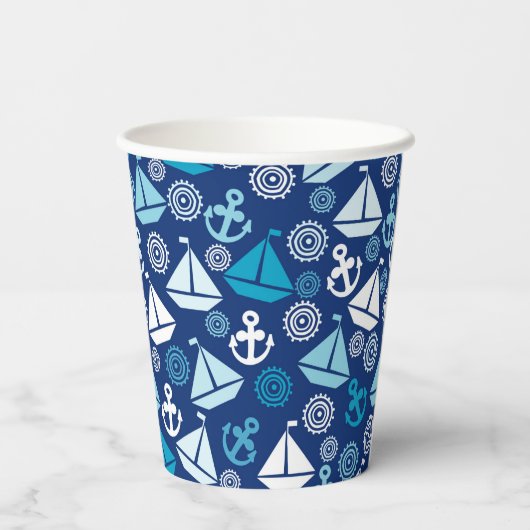 Cartoon Muster mit Segelbooten Pappbecher (Rückseite)