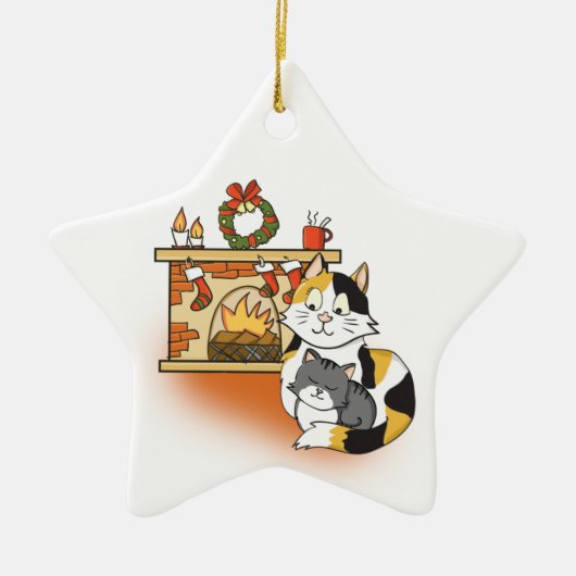 Cartoon Mutter Katze und Kitten im gemütlichen Kam Keramik Ornament (Vorne)