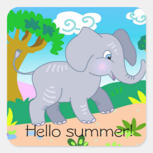 Cartoon niedlicher Elefant im Sommer in der Natur Quadratischer Aufkleber