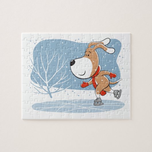 Cartoon Niedlicher Hund Welpe Ice Skaten Wintersch Puzzle (Horizontal)