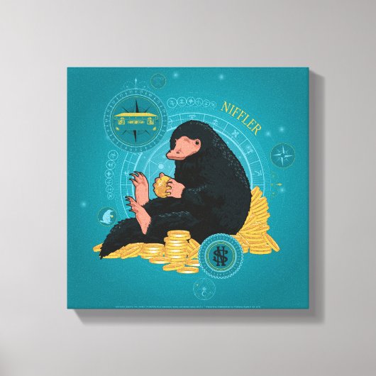 Cartoon NIFFLER™ mit Goldmünzen Leinwanddruck (Vorderseite)