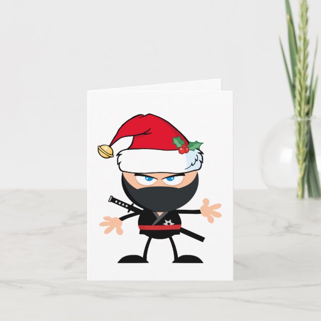 Cartoon Ninja Warrior in Santa Claus Hat Feiertagskarte (Vorderseite)