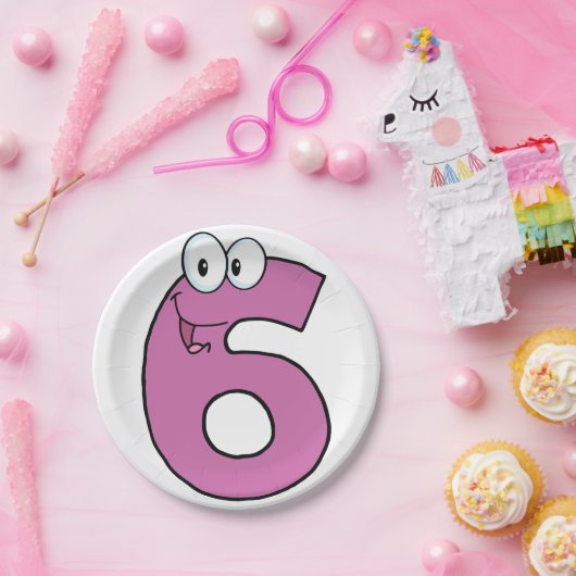 Cartoon Nummer 6 Spaß Lila Lächeln sechs Pappteller (Party)