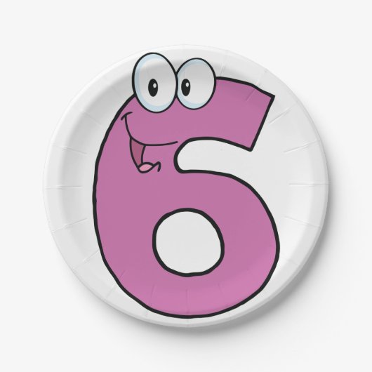 Cartoon Nummer 6 Spaß Lila Lächeln sechs Pappteller (Vorderseite)