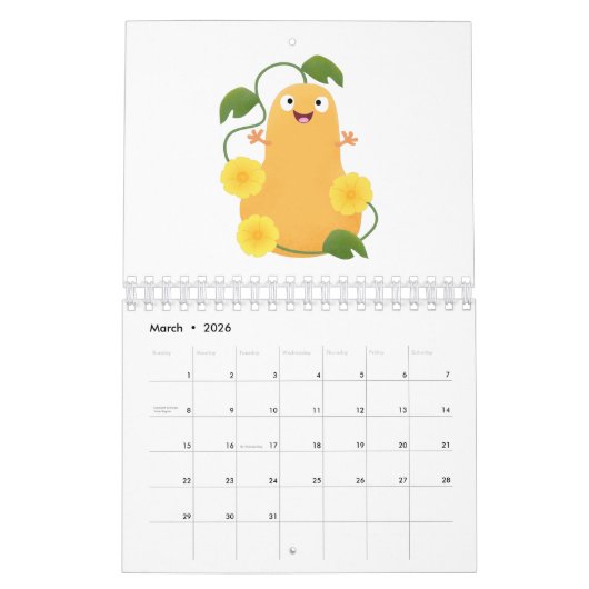 Cartoon Obst, Gemüse und Pflanze Kalender (Mär 2026)