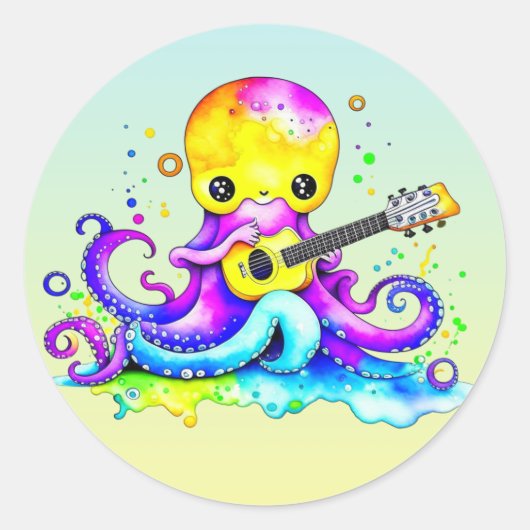 Cartoon Octopus Gitarre spielen Runder Aufkleber (Vorderseite)