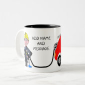 Cartoon of Fireman Holding His hose Zweifarbige Tasse (Vorderseite Links)