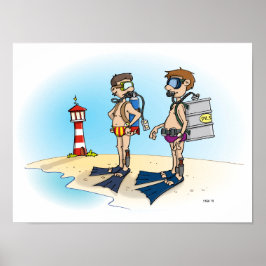 Cartoon; op duikvakantie gaan.  poster
