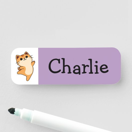 Cartoon Orange Cat, kundenspezifisch, Lila Namensschild (Beispiel)