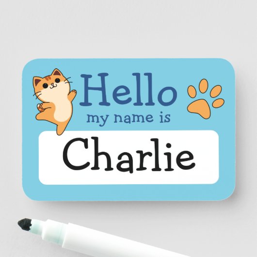 Cartoon Orange Cat, Paw Print, Custom, Blue Namensschild (Beispiel)
