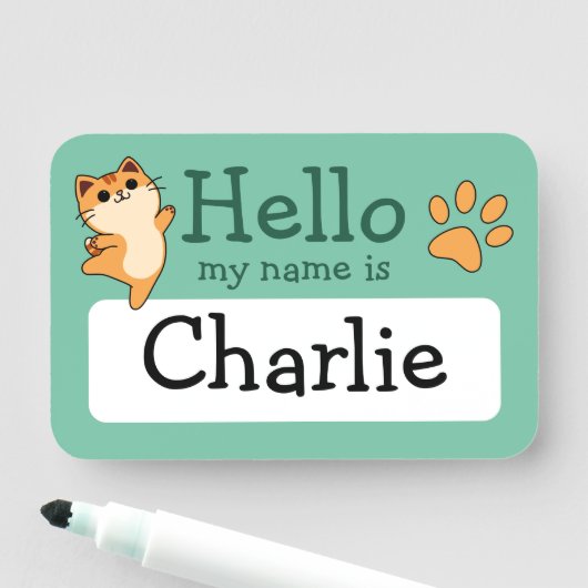 Cartoon Orange Cat, Paw Print, Custom, Green Namensschild (Beispiel)