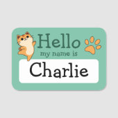 Cartoon Orange Cat, Paw Print, Custom, Green Namensschild (Vorderseite)